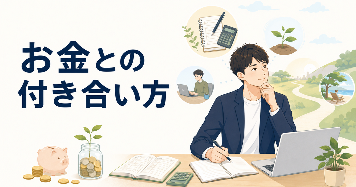 家計簿やパソコンを前に将来のお金について考える会社員